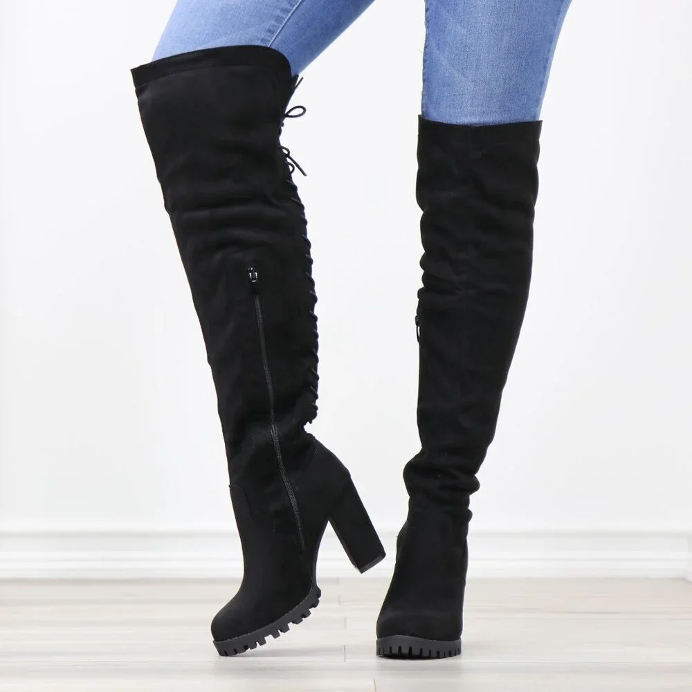 Full Lace-Up Back Black Faux Suede Thigh High Over The Knee Lug Block Heel Boots
